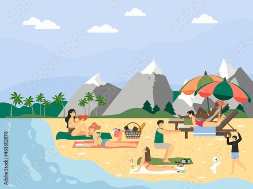 Happy people enjoying summer beach vacation  flat vector illustration. Travel. Beach activity.
