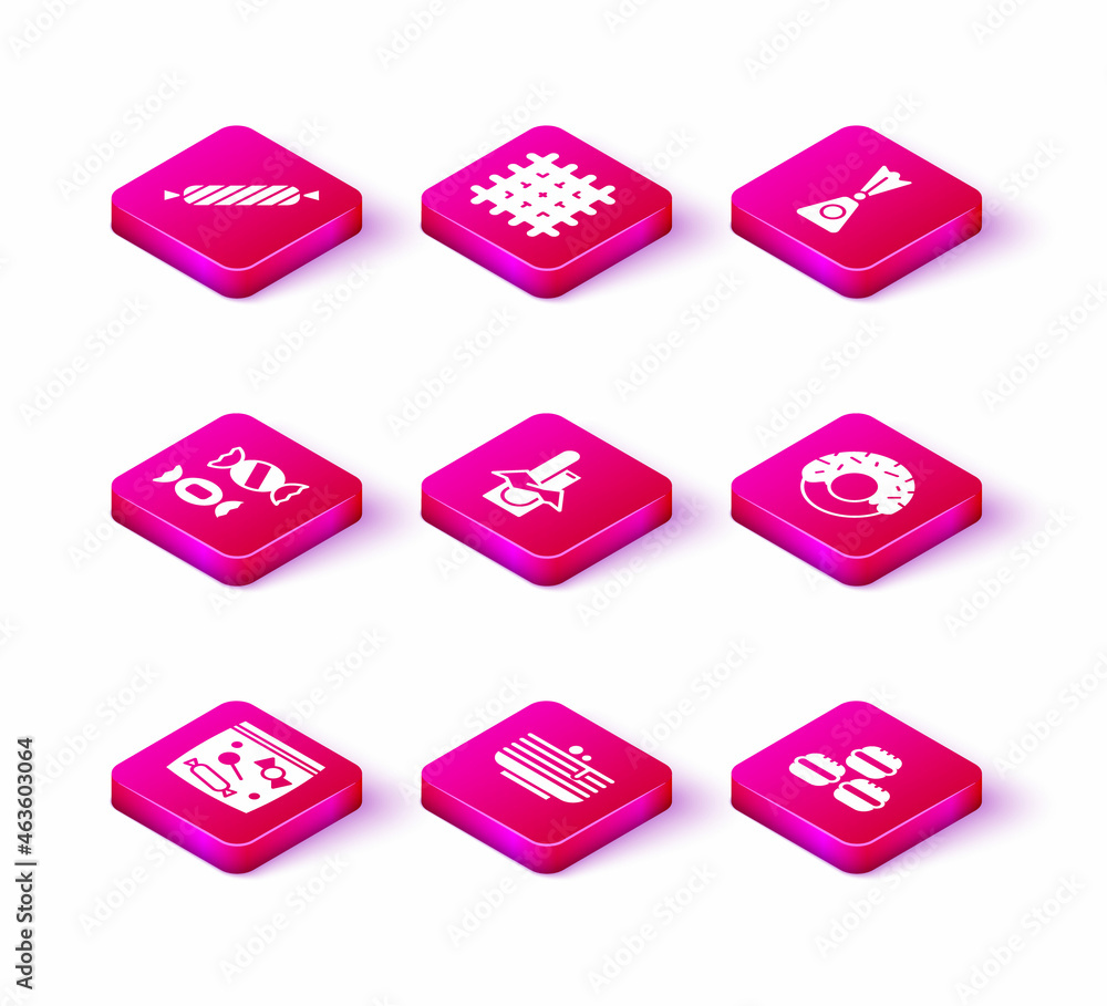 Set Candy packaging for sweets, Stack of pancakes, Chocolate bar, Macaron cookie, Donut, and Cracker biscuit icon. Vector Set Candy packaging for sweets, Stack of pancakes, Chocolate bar, Macaron cookie, Donut, and Cracker biscuit icon. Vector