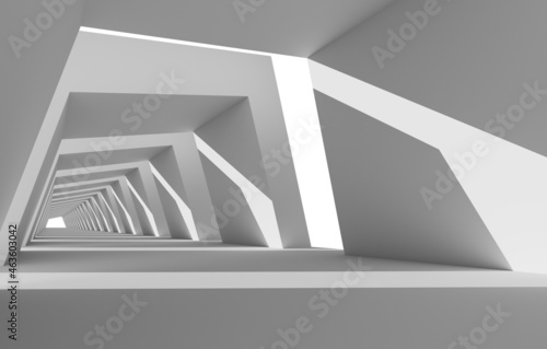White empty interior. Gallery. Futuristic empty long light Sci-Fi tunnel. Template for design. Modern architectural presentation concept. 3D render. Shadow. Light. Wall. Floor. Perspective. 