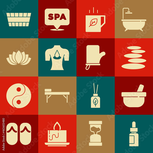 Set Essential oil bottle, Mortar and pestle, Stack hot stones, Cup of tea leaf, Massage with aroma oils, Lotus flower, Sauna bucket and mittens icon. Vector