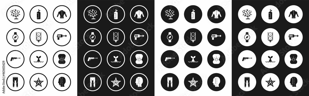 Set Wetsuit, Gauge scale, Compass, Coral, Fishing harpoon, Aqualung, Shell with pearl and icon. Vector Set Wetsuit, Gauge scale, Compass, Coral, Fishing harpoon, Aqualung, Shell with pearl and icon. Vector