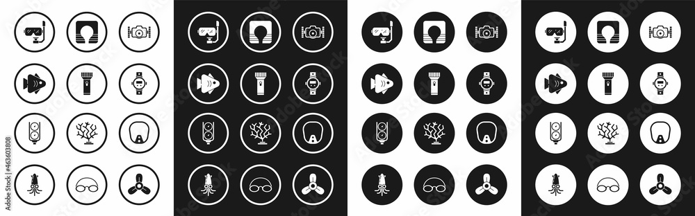 Set Photo camera, Flashlight, Fish, Diving mask and snorkel, watch, Life jacket, and Gauge scale icon. Vector Set Photo camera, Flashlight, Fish, Diving mask and snorkel, watch, Life jacket, and Gauge scale icon. Vector