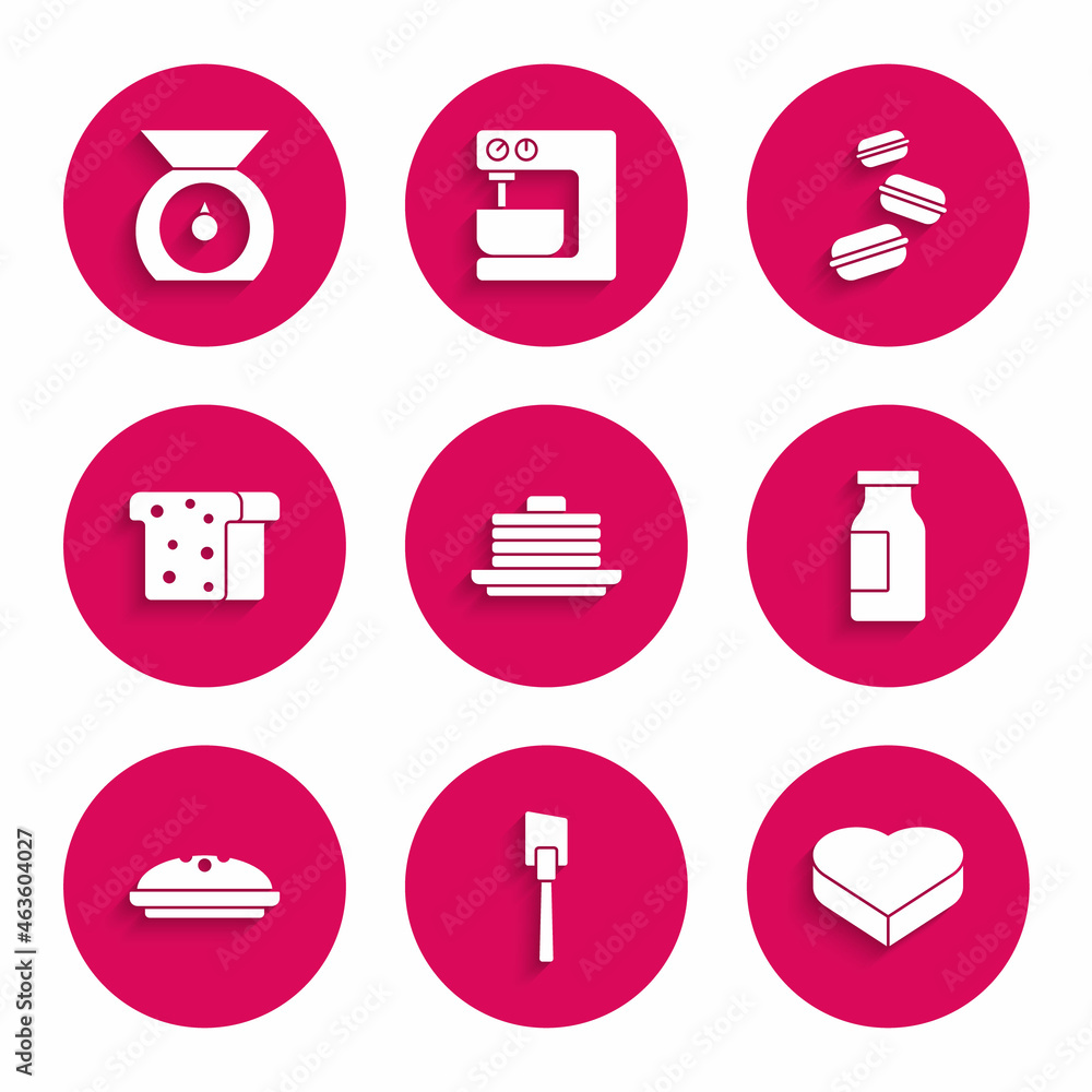 Set Stack of pancakes, Spatula, Candy in heart shaped box, Bottle with milk, Homemade pie, Bread toast, Macaron cookie and Scales icon. Vector