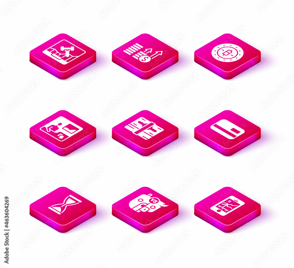 Set Old hourglass, Bull and bear of stock market, Trading courses, Stacks paper money cash, Mobile trading, Credit card, Bitcoin and Financial growth dollar icon. Vector Set Old hourglass, Bull and bear of stock market, Trading courses, Stacks paper money cash, Mobile trading, Credit card, Bitcoin and Financial growth dollar icon. Vector