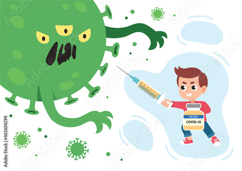 Vaccinated boy fighting the coronavirus monster. Vector illustration of vacctination of children in flat style.