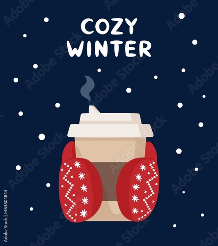 Winter Poster with Two Hands in Gloves Holding a Cup of Hot Drink. Warm and cozy winter concept