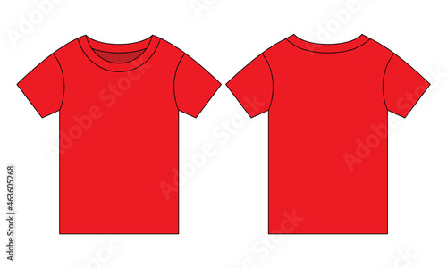 Kids Red Short Sleeve T-Shirt Template Vector on White Background.Front and Back View.