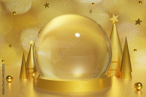 3d render of golden snow globe and gold cone Christmas trees with balls and stars with bokeh background