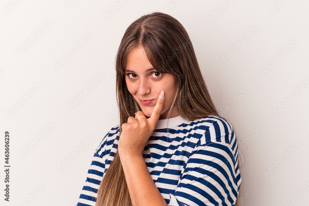 Young caucasian woman isolated on white background contemplating, planning a strategy, thinking about the way of a business. Young caucasian woman isolated on white background contemplating, planning a strategy, thinking about the way of a business.
