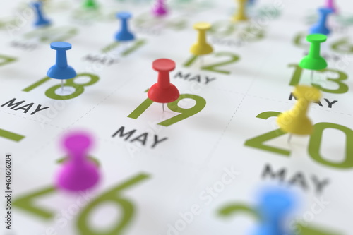 May 19 date marked with a pin calendar, 3D rendering
