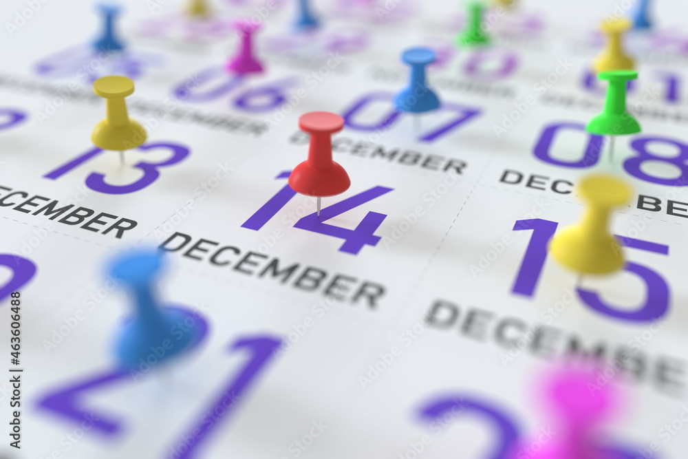 December 14 date and push pin on a calendar, 3D rendering December 14 date and push pin on a calendar, 3D rendering