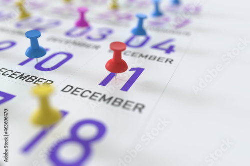 December 11 date and push pin on a calendar, 3D rendering