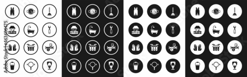 Set Rubber plunger, Bathtub, Water supply pipes, Work overalls, Wrench spanner, meter, Industry metallic and gloves icon. Vector