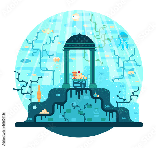 Treasure chest on the seabed. Vector cartoon illustration in flat stile, 2d game design