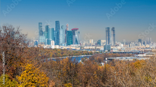 Moscow, Russia - October 11, 2021:  Panoramic view of Moscow City from the  Sparrow Hills with the background of cityscapes in the autumn sunny day.