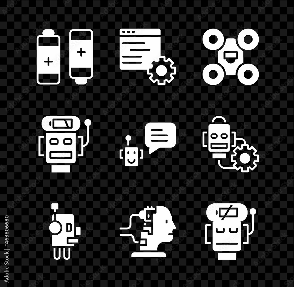 Set Battery, Computer api interface, Drone, Robot, for maintenance, low battery charge, and Bot icon. Vector Set Battery, Computer api interface, Drone, Robot, for maintenance, low battery charge, and Bot icon. Vector
