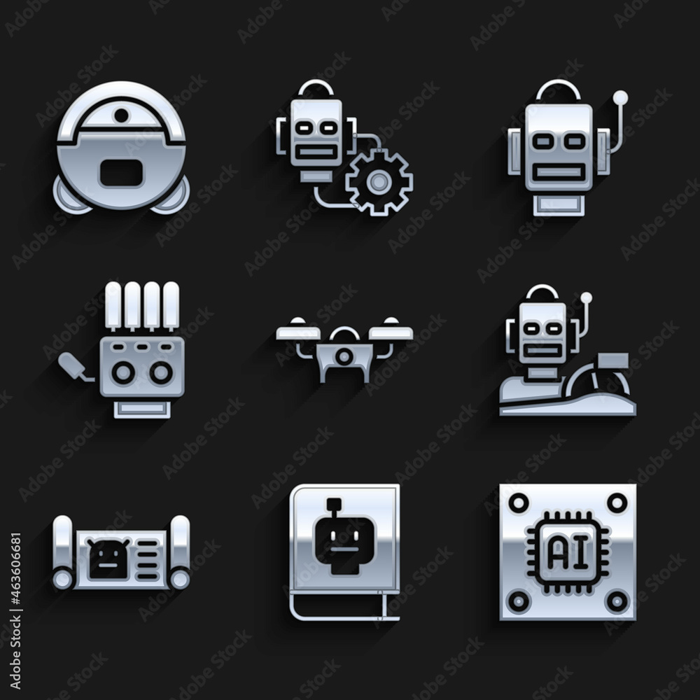 Set Drone, User manual, Processor with microcircuits CPU, Robot humanoid driving car, blueprint, Mechanical robot hand, and vacuum cleaner icon. Vector Set Drone, User manual, Processor with microcircuits CPU, Robot humanoid driving car, blueprint, Mechanical robot hand, and vacuum cleaner icon. Vector