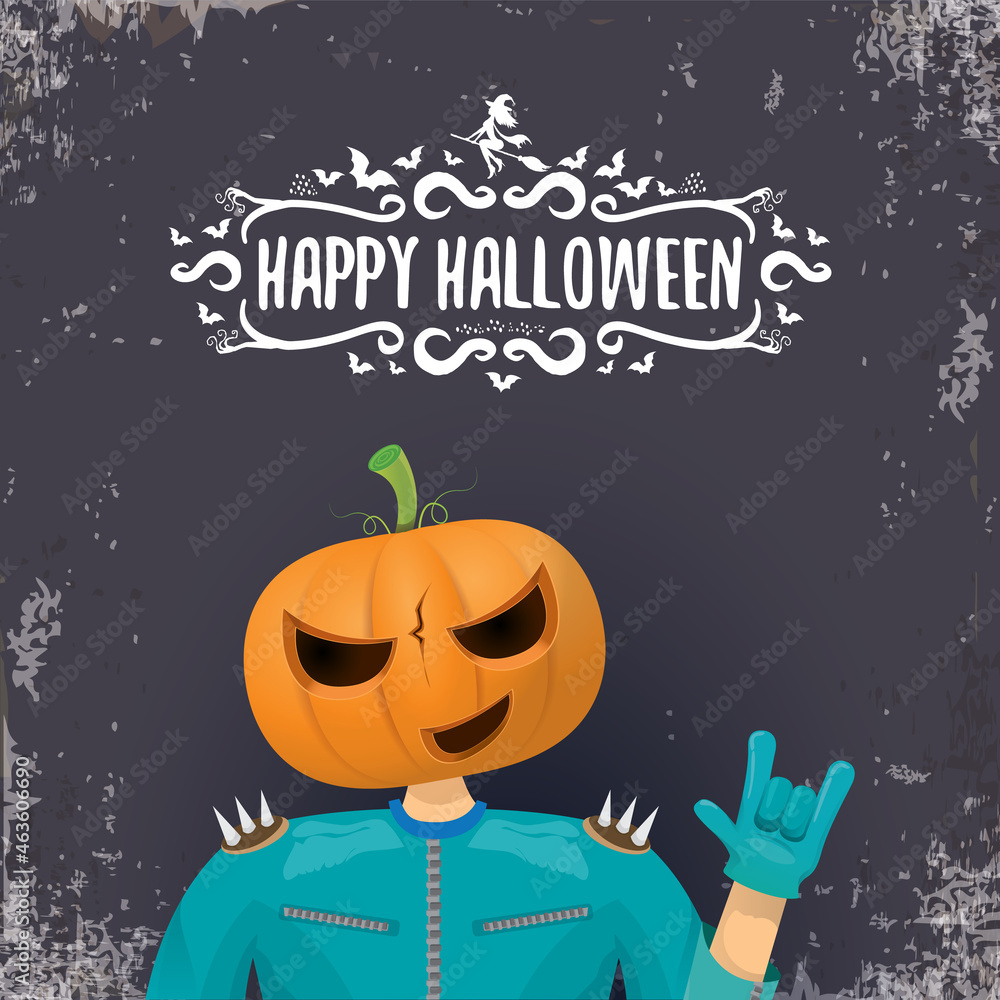 vector Happy Halloween creative hipster party background. man in Halloween costume with carved pumpkin head on grey background. Happy Halloween rock concert poster design vector Happy Halloween creative hipster party background. man in Halloween costume with carved pumpkin head on grey background. Happy Halloween rock concert poster design