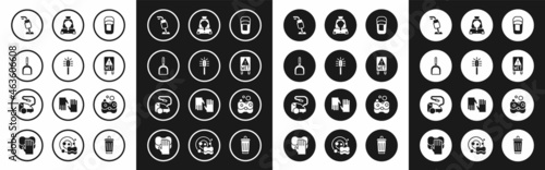 Set Bucket with rag, Toilet brush, Dustpan, Vacuum cleaner, Wet floor, Cleaning lady service, Sponge and icon. Vector
