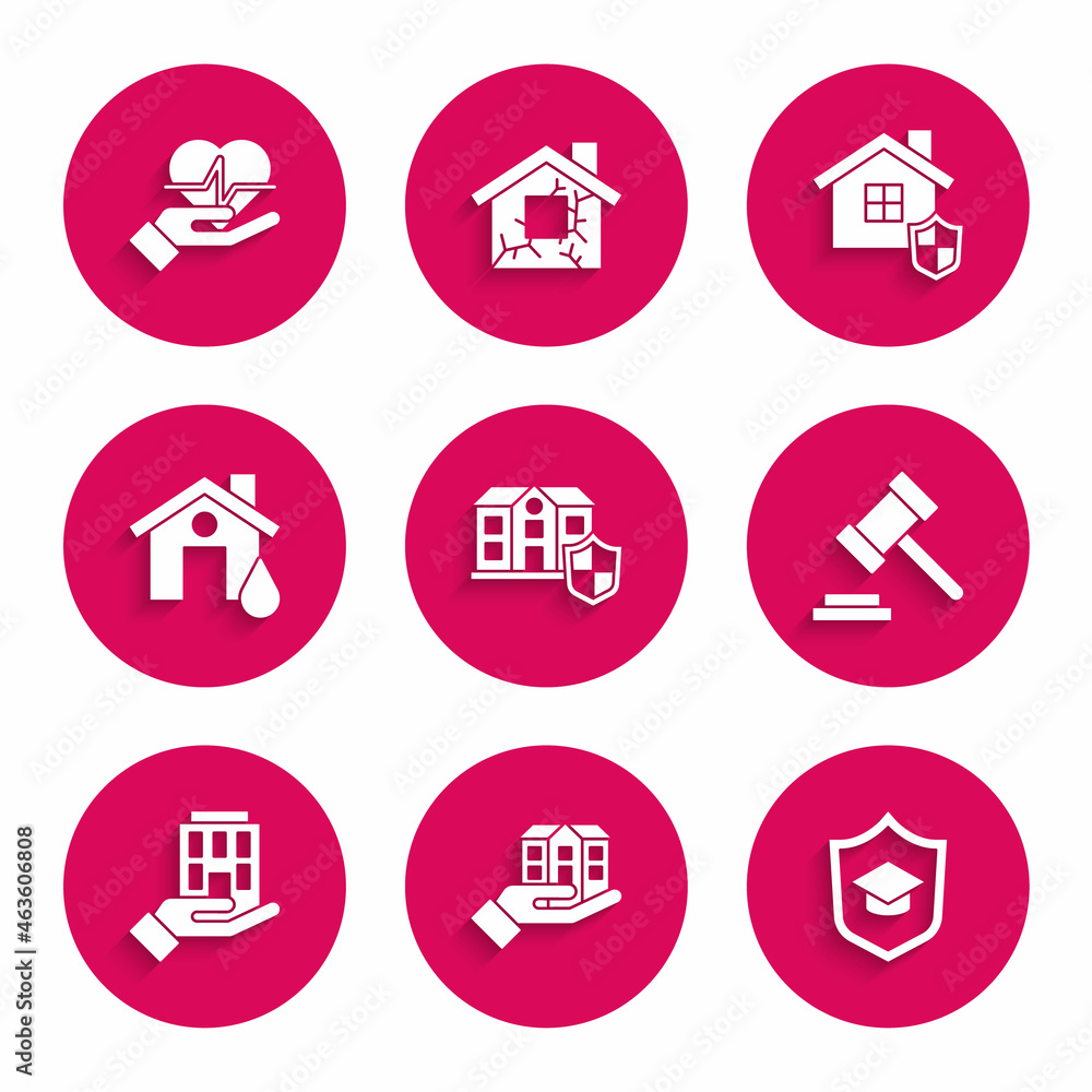 Set House with shield, in hand, Graduation cap, Judge gavel, flood, and Life insurance icon. Vector Set House with shield, in hand, Graduation cap, Judge gavel, flood, and Life insurance icon. Vector