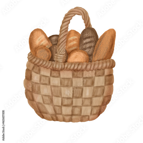 Digital image of a wicker basket with bread and loaves. Isolated on a white background, close-up.