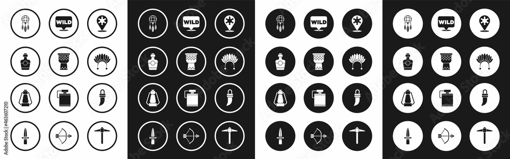 Set Hexagram sheriff, Drum, Tequila bottle, Dream catcher with feathers, Indian headdress, Pointer to wild west, Tooth and Camping lantern icon. Vector Set Hexagram sheriff, Drum, Tequila bottle, Dream catcher with feathers, Indian headdress, Pointer to wild west, Tooth and Camping lantern icon. Vector