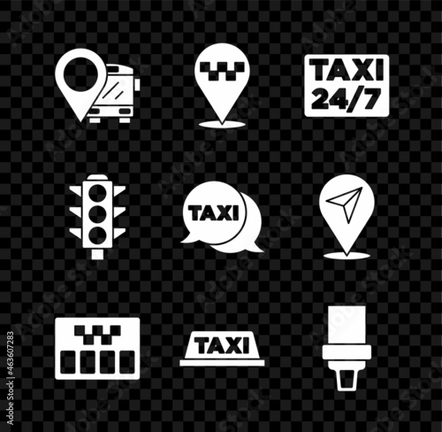 Set Location with bus, taxi, Taximeter, car roof, Safety belt, Traffic light and call telephone service icon. Vector