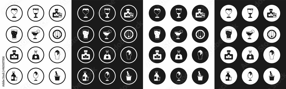 Set Whiskey bottle and glass, Cocktail, Glass of beer, Wine, Wooden barrel, and Alcohol drink Rum icon. Vector