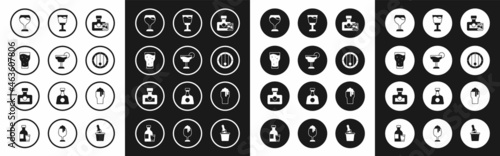 Set Whiskey bottle and glass, Cocktail, Glass of beer, Wine, Wooden barrel, and Alcohol drink Rum icon. Vector