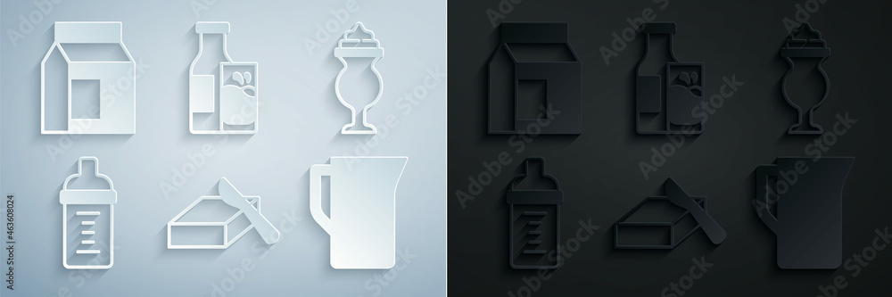 Set Butter in a butter dish, Milkshake, Baby milk bottle, jug or pitcher, Bottle and glass and Paper package for icon. Vector Set Butter in a butter dish, Milkshake, Baby milk bottle, jug or pitcher, Bottle and glass and Paper package for icon. Vector