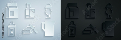 Set Butter in a butter dish, Milkshake, Baby milk bottle, jug or pitcher, Bottle and glass and Paper package for icon. Vector