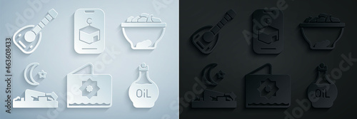 Set Octagonal star, Date fruit in bowl, Muslim man prays, Essential oil bottle, Star and crescent and Lute icon. Vector