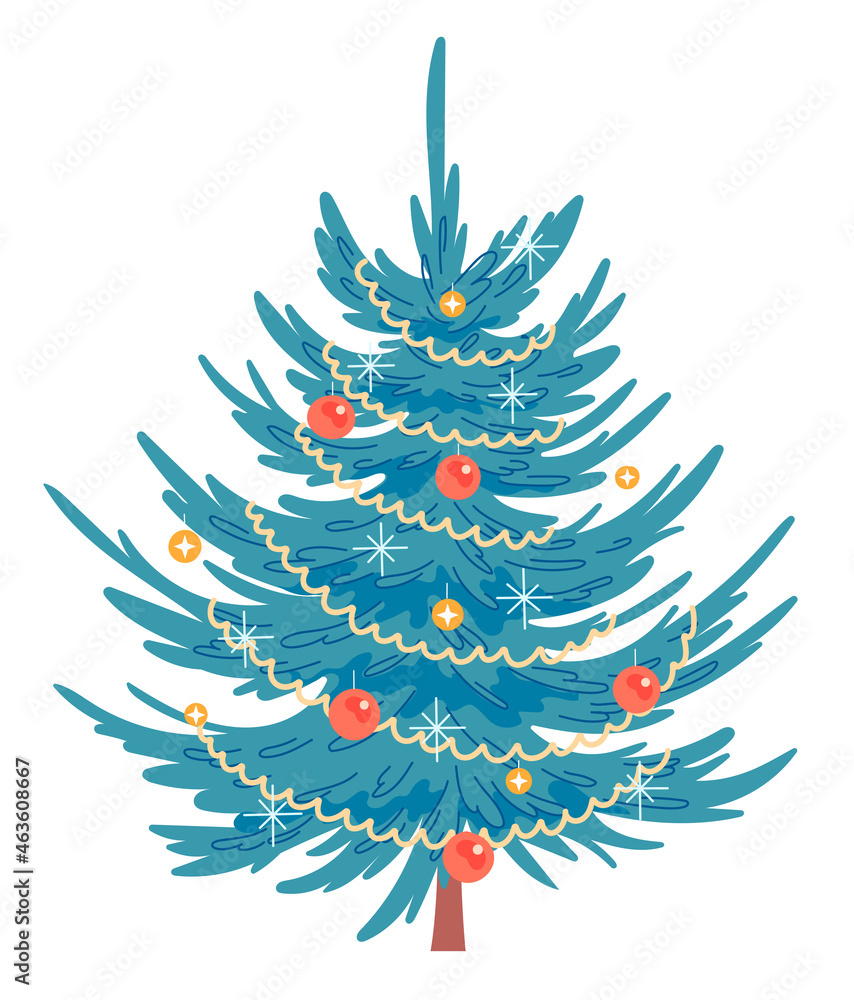 Fototapeta premium Decorated Christmas tree. Vector, isolated on white background