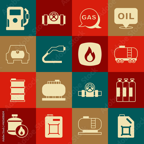 Set Canister for motor oil, Industrial gas cylinder tank, Oil railway cistern, Location and station, Electrical cable plug charging, Gas vehicle, Petrol and Fire flame icon. Vector