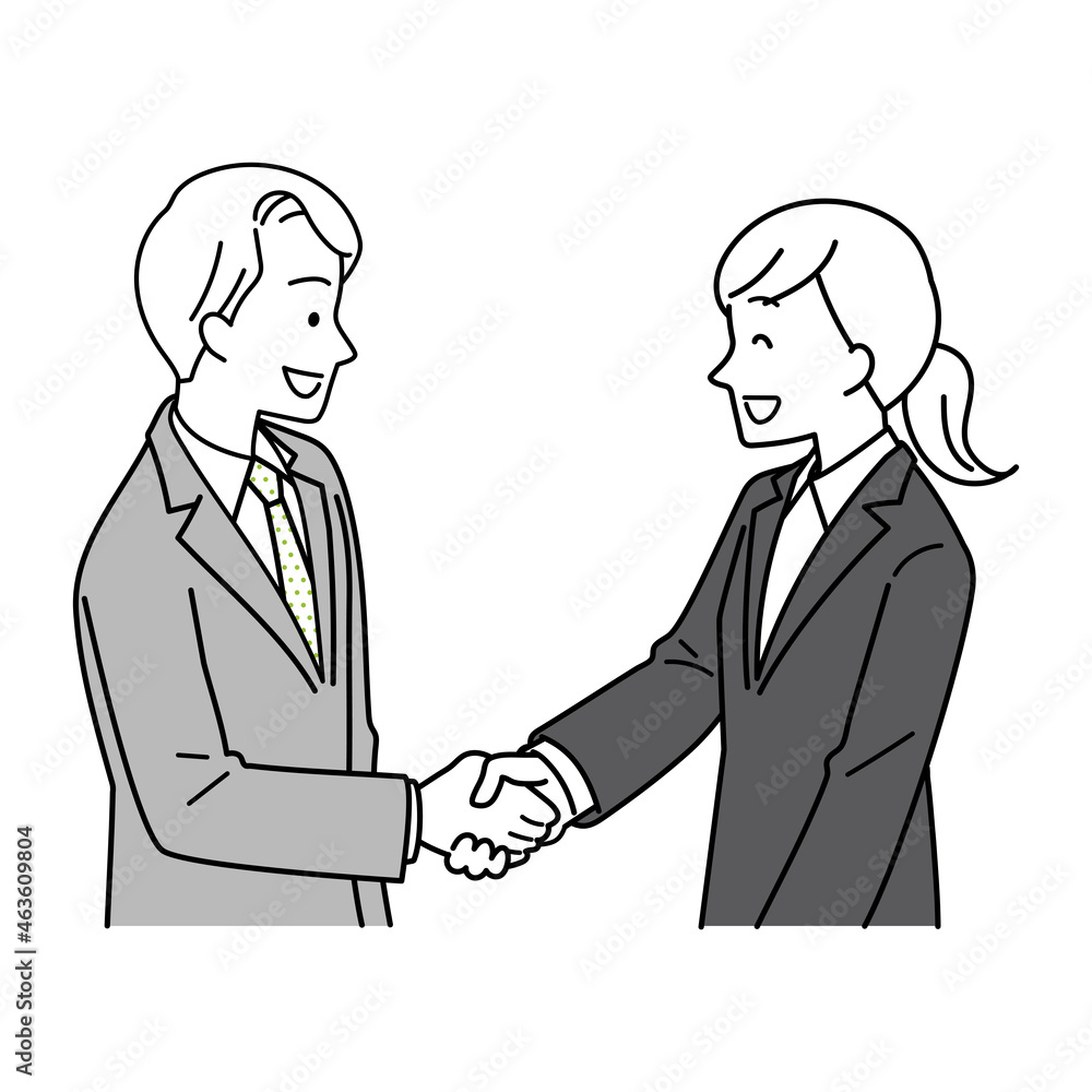Illustration of a woman in a suit shaking hands with a smile, upper body. Illustration of a woman in a suit shaking hands with a smile, upper body.
