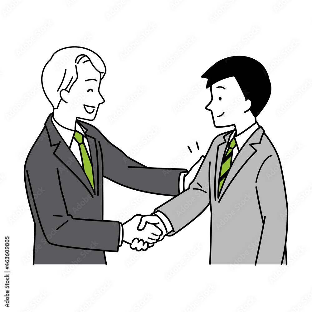 Illustration of a man in a suit shaking hands with a smile, upper body.

