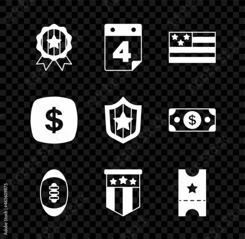 Set Medal with star, Calendar date July 4, American flag, Football ball, Baseball ticket, Dollar symbol and Shield stars icon. Vector