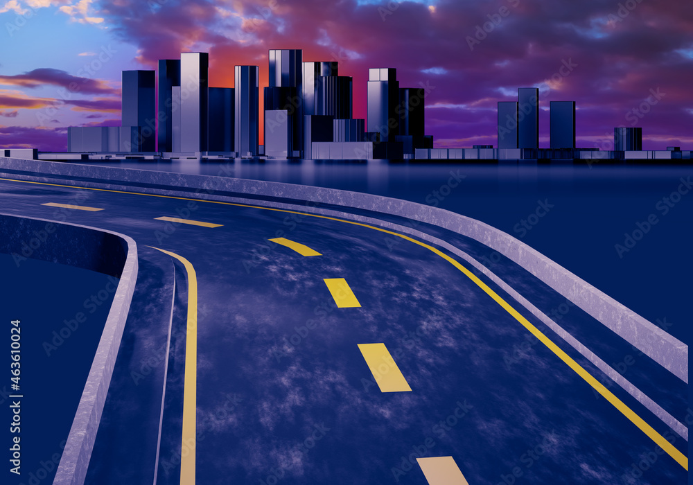 Cityscape with downtown in distance. Road leads to skyscrapers. Evening Cityscape with sunset. Skyscrapers on sunset background. Architectural landscape. Urban architecture. 3d rendering. - obrazy, fototapety, plakaty 