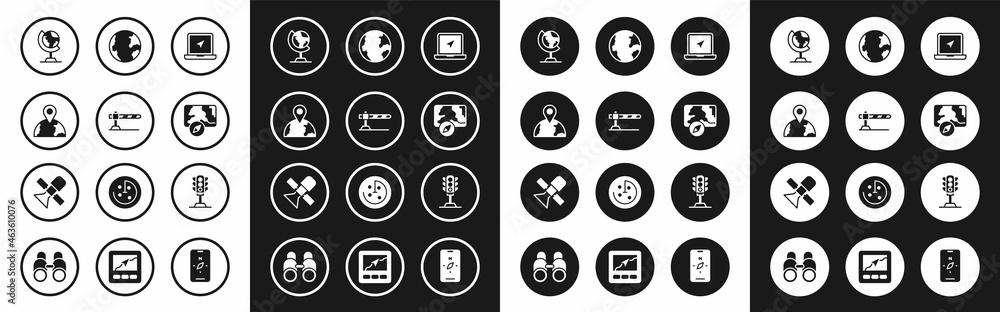 Set Laptop with location marker, Parking car barrier, Location the globe, Earth, City map navigation, Traffic light and Satellite icon. Vector Set Laptop with location marker, Parking car barrier, Location the globe, Earth, City map navigation, Traffic light and Satellite icon. Vector