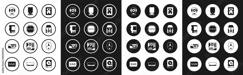 Set Hard disk drive HDD, Processor with CPU, SD card, Web camera, Uninterruptible power supply, Optical disc, Computer mouse and Video graphic icon. Vector Set Hard disk drive HDD, Processor with CPU, SD card, Web camera, Uninterruptible power supply, Optical disc, Computer mouse and Video graphic icon. Vector