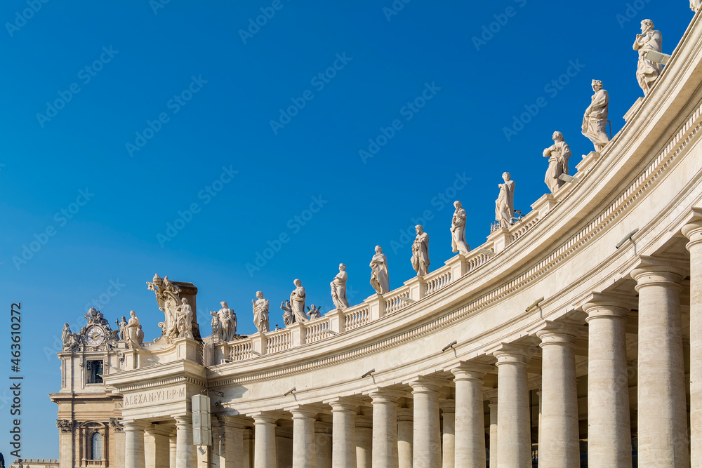 Statues on top of the Colossal Tuscan colonnades in Piazza San Pietro (St. Peter's Square) in Vatican City