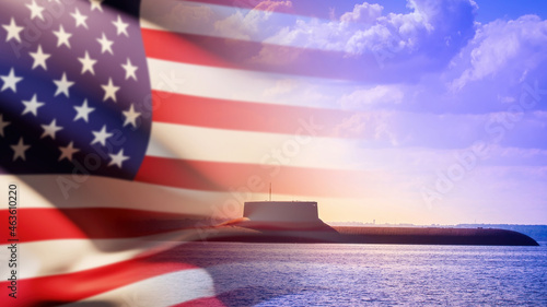 flotilla USA. Submarine and flag of America. Fragment of submarine at sea. US Armed Forces submarine. United States Naval Forces. Flotilla US. Sub boat with national flag of America. photo