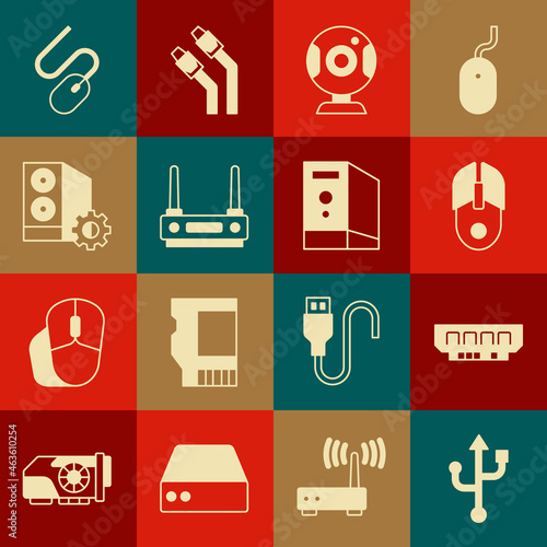 Set USB, RAM, random access memory, Computer mouse, Web camera, Router wi-fi signal, Case of computer, and icon. Vector