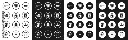 Set Temperature wash, Laundry detergent, Basin with soap suds, Washing powder, Measuring cup, and Water spray bottle icon. Vector
