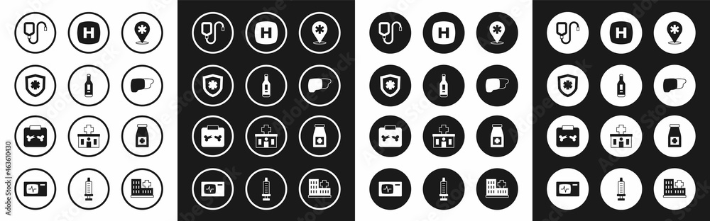 Set Location hospital, Digital thermometer, Life insurance, IV bag, Human organ liver, Hospital signboard, Medicine bottle and pills and X-ray shots with broken bone icon. Vector Set Location hospital, Digital thermometer, Life insurance, IV bag, Human organ liver, Hospital signboard, Medicine bottle and pills and X-ray shots with broken bone icon. Vector