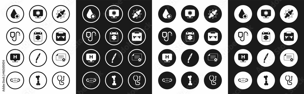 Set Joint pain, knee pain, Doctor appointment, IV bag, Donate drop blood, X-ray shots with broken bone, Location hospital, Certificate template and icon. Vector Set Joint pain, knee pain, Doctor appointment, IV bag, Donate drop blood, X-ray shots with broken bone, Location hospital, Certificate template and icon. Vector