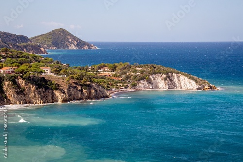 View from Portoferraio to Capo bianco beach and Capo D' Enfola, Isola D' Elba (Elba Island), Tuscany (Toscana), Italy 