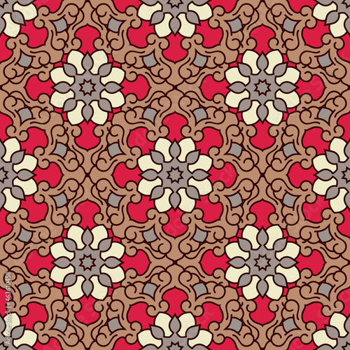 Abstract seamless backdrop. Design for prints  textile  decor  fabric. Round colorful texture in red and brown colors. Mandala background