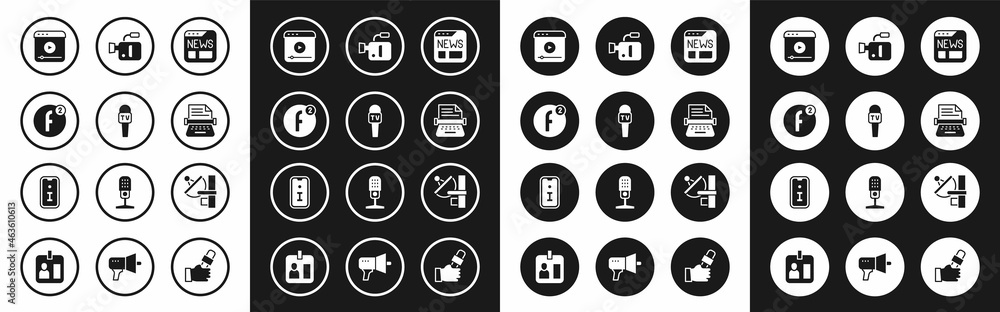 Set News, Microphone, Create account, Live stream, Retro typewriter, Cinema camera, Radar and Information icon. Vector Set News, Microphone, Create account, Live stream, Retro typewriter, Cinema camera, Radar and Information icon. Vector