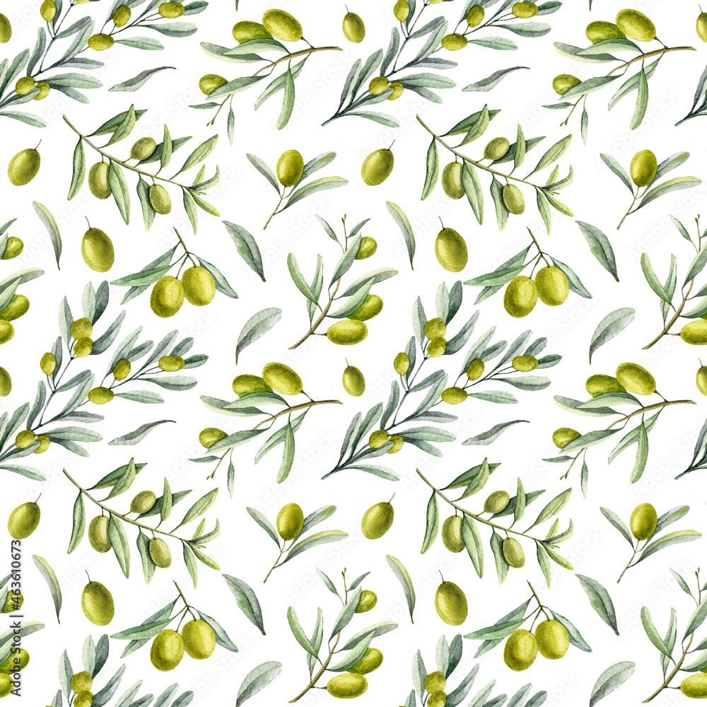 Watercolor Olive Pattern. Hand painted Seamless Background with Mediterranean plant branches and green fruits. Backdrop for wrapping paper or textile design Watercolor Olive Pattern. Hand painted Seamless Background with Mediterranean plant branches and green fruits. Backdrop for wrapping paper or textile design